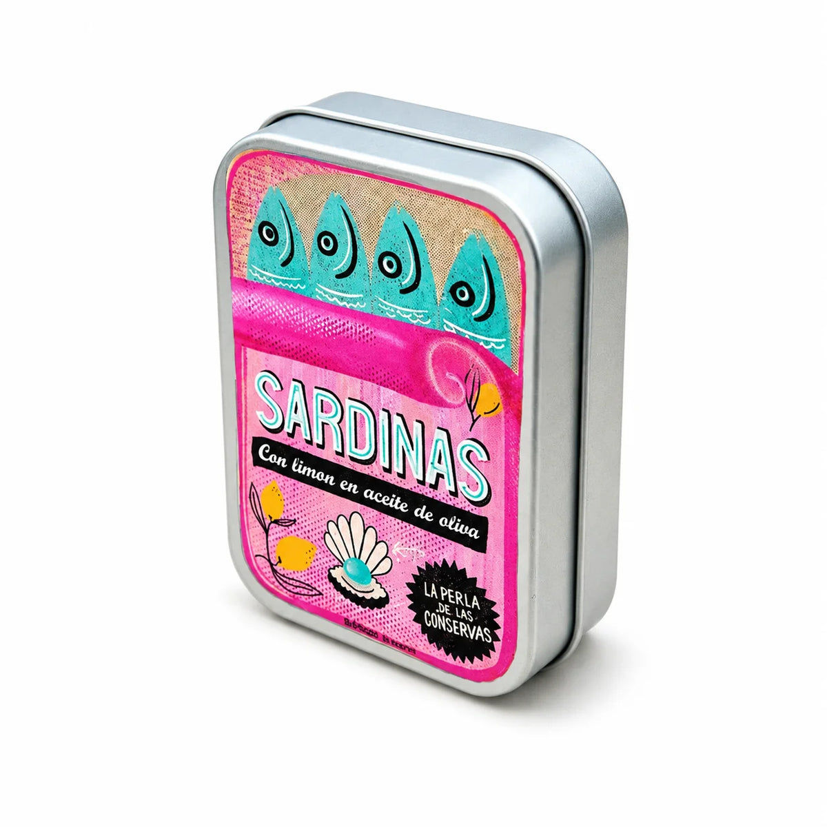 A silver metal storage box with a pink print featuring sardines and olive ingredients.