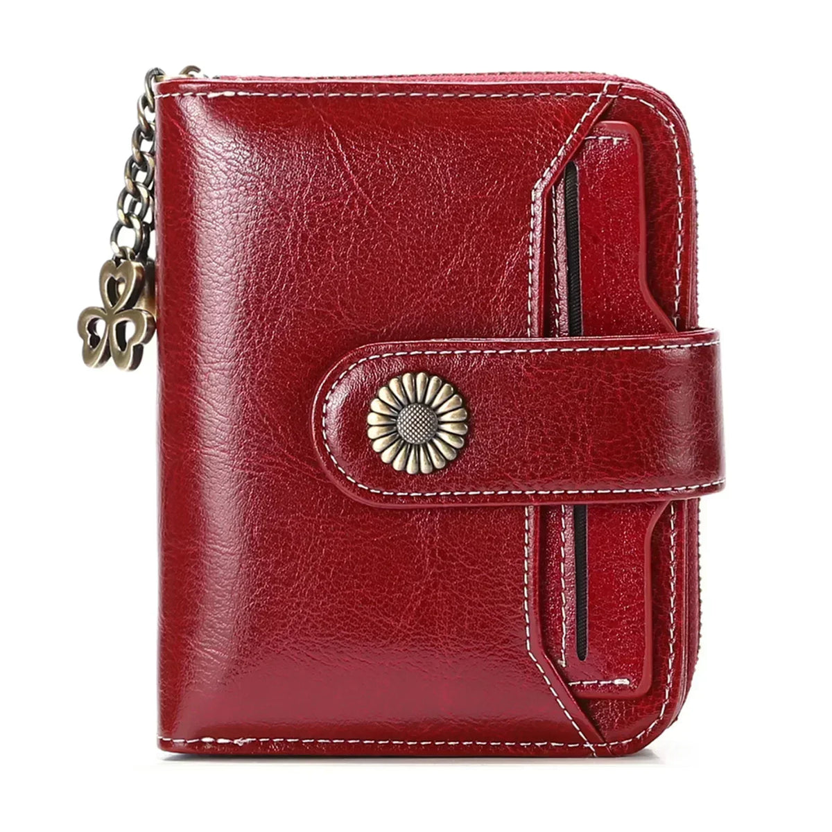 A deep red leather wallet with a brass clasp and card slots shown from the front.