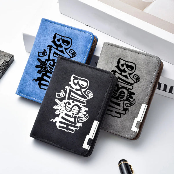 Three blue, black, and gray PU leather wallets featuring a black cartoon print design.