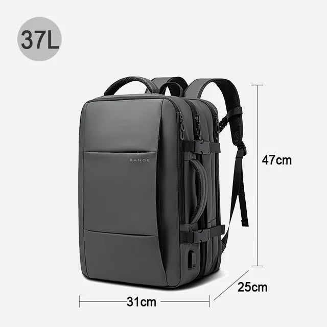 A dark gray men's business travel backpack shown from the side with dimensions 37L.
