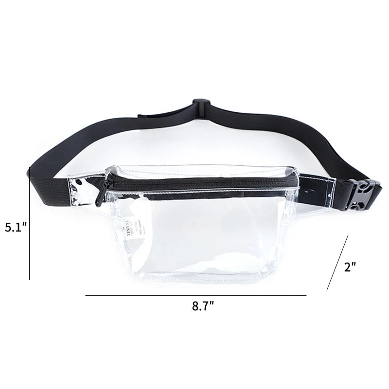 Clear PVC waist bag with an adjustable black strap shown flat.