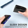 A black slim minimalist card wallet is shown next to a blue RFID protection device, highlighting its sleek design and thinnes