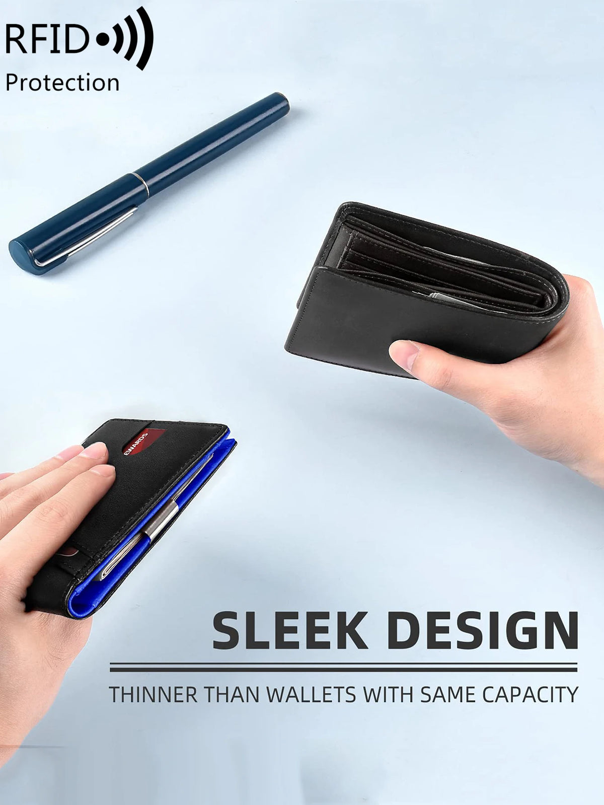 A black slim minimalist card wallet is shown next to a blue RFID protection device, highlighting its sleek design and thinnes