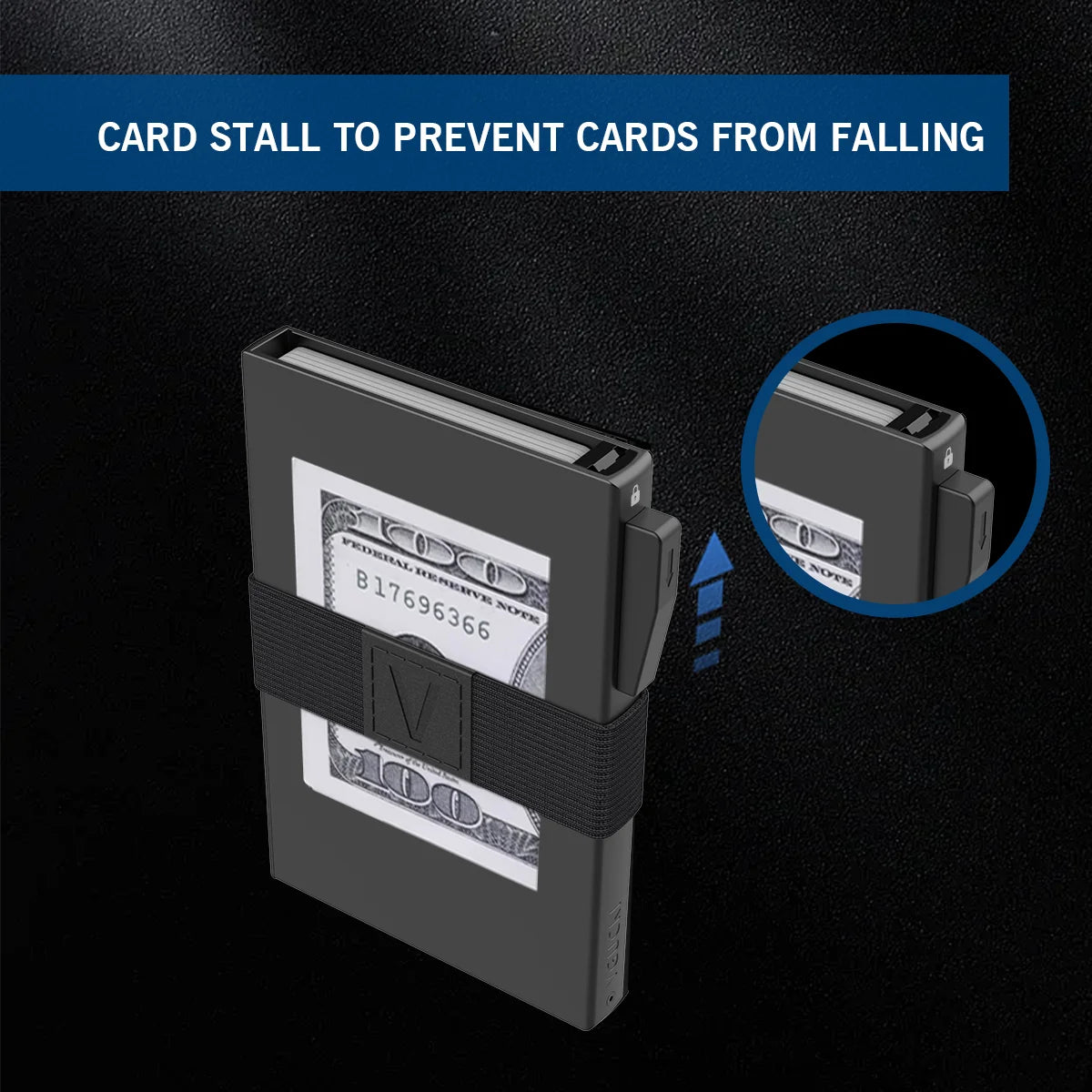 A minimalist metal card stall designed to prevent cards from falling, shown in a black finish.