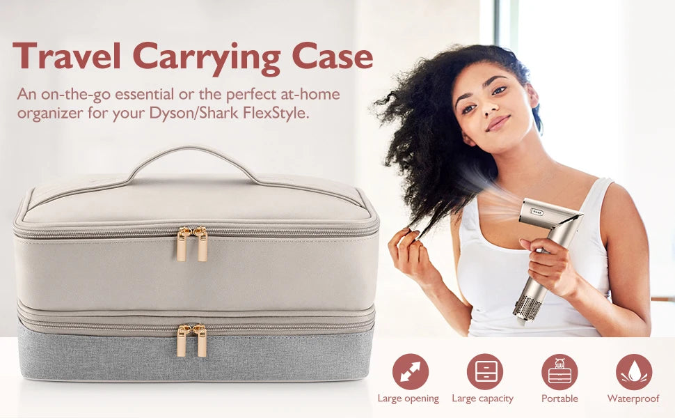 A light gray double-layer carrying case for a Dyson Shark FlexStyle hair dryer, shown next to a woman using the device.