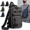 A dark gray multifunctional chest bag shown with various color options and a man wearing it.