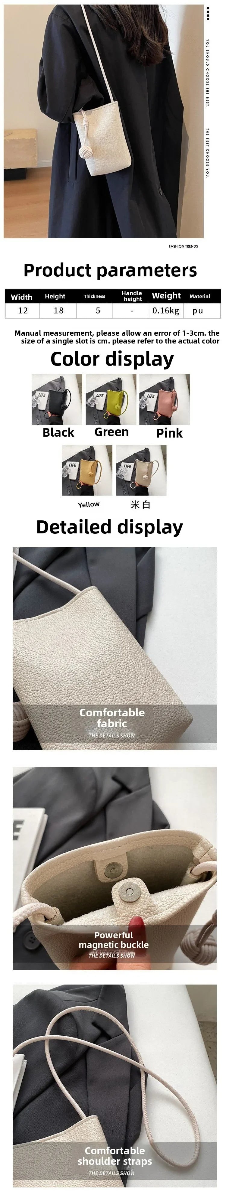 Bolso cruz de cuero beige, mostrado en varios colores y detalles de su tela y herrajes.