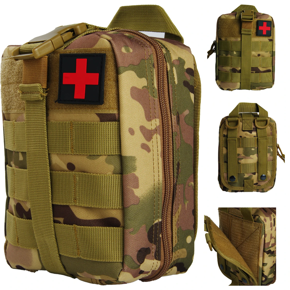 Olive drab camouflage tactical waist pack first aid kit bag with a red cross patch