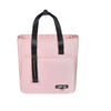 A pink insulated lunch bag with black handles and a waterproof lining.