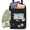 Black RFID blocking neck wallet holding a passport, driver's license, and credit cards.