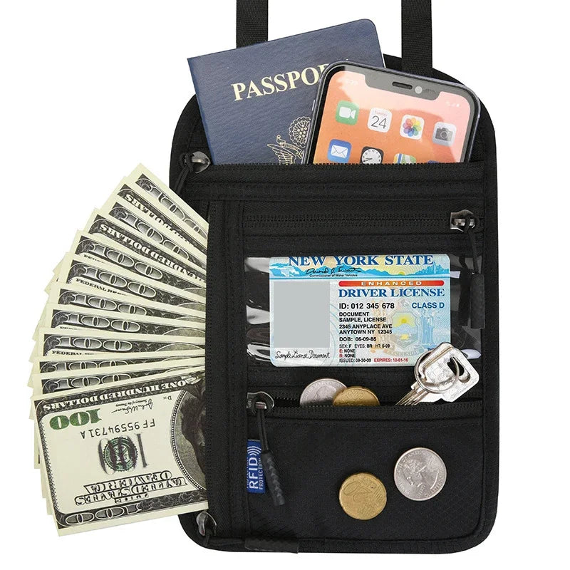 Black RFID blocking neck wallet holding a passport, driver's license, and credit cards.
