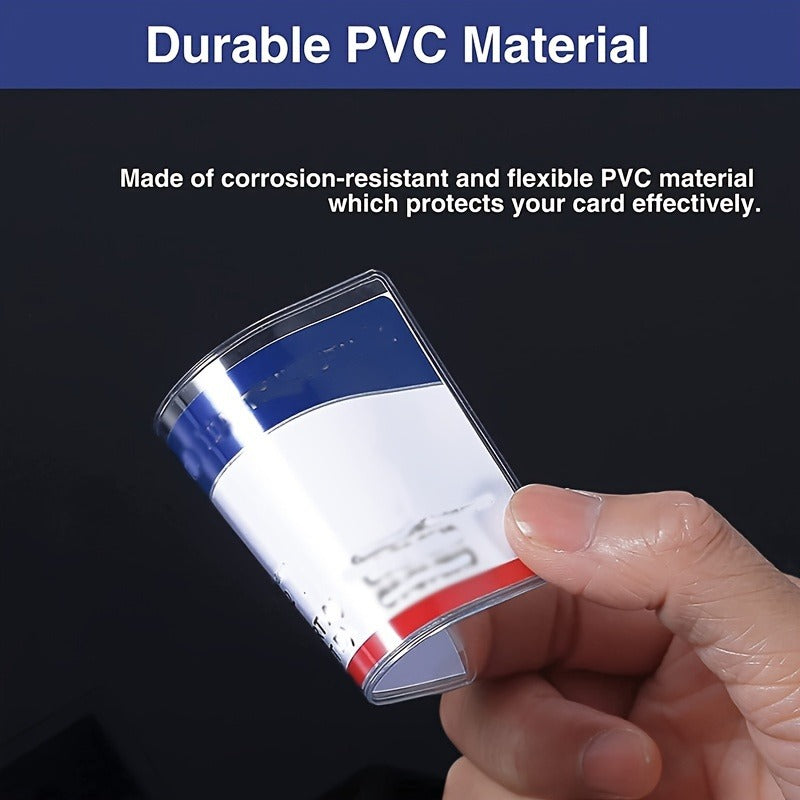 A hand holds a clear PVC card protector sleeve, demonstrating its durable and flexible material.