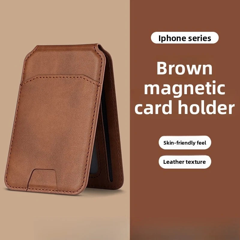 Porte-cartes en cuir magnétique marron pour iPhone avec une texture adaptée à la peau.