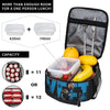 A black vintage print lunch bag with mesh pockets showing various food containers and fruit.