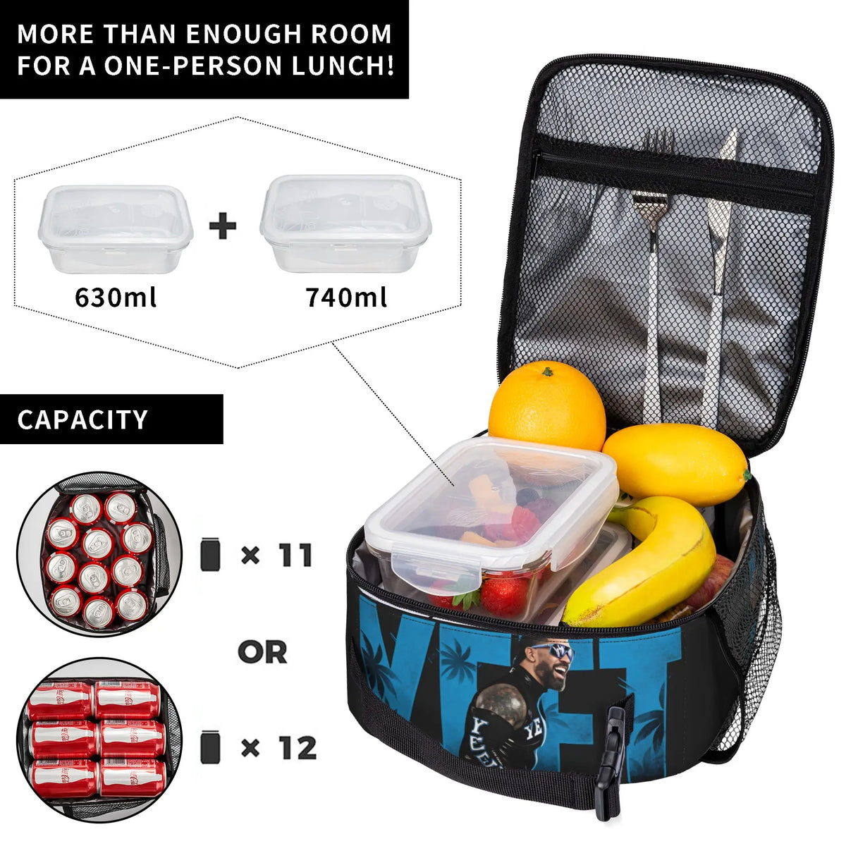 A black vintage print lunch bag with mesh pockets showing various food containers and fruit.