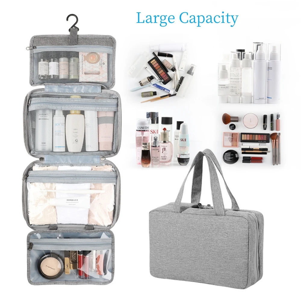 A gray travel toiletry bag with a hanging hook, open to show various skincare and beauty products.