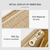 Detail display of an inner bag showing a durable felt material and a YKK zip closure.
