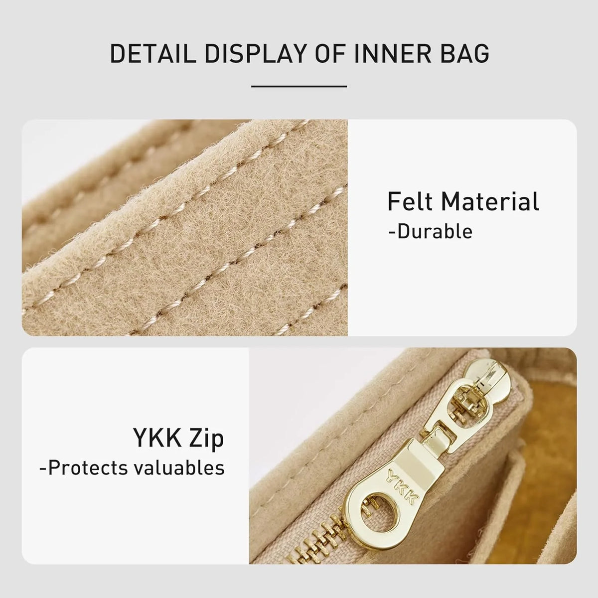 Detail display of an inner bag showing a durable felt material and a YKK zip closure.
