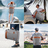 A gray expandable travel backpack with packing cubes is shown in various outdoor and urban settings.