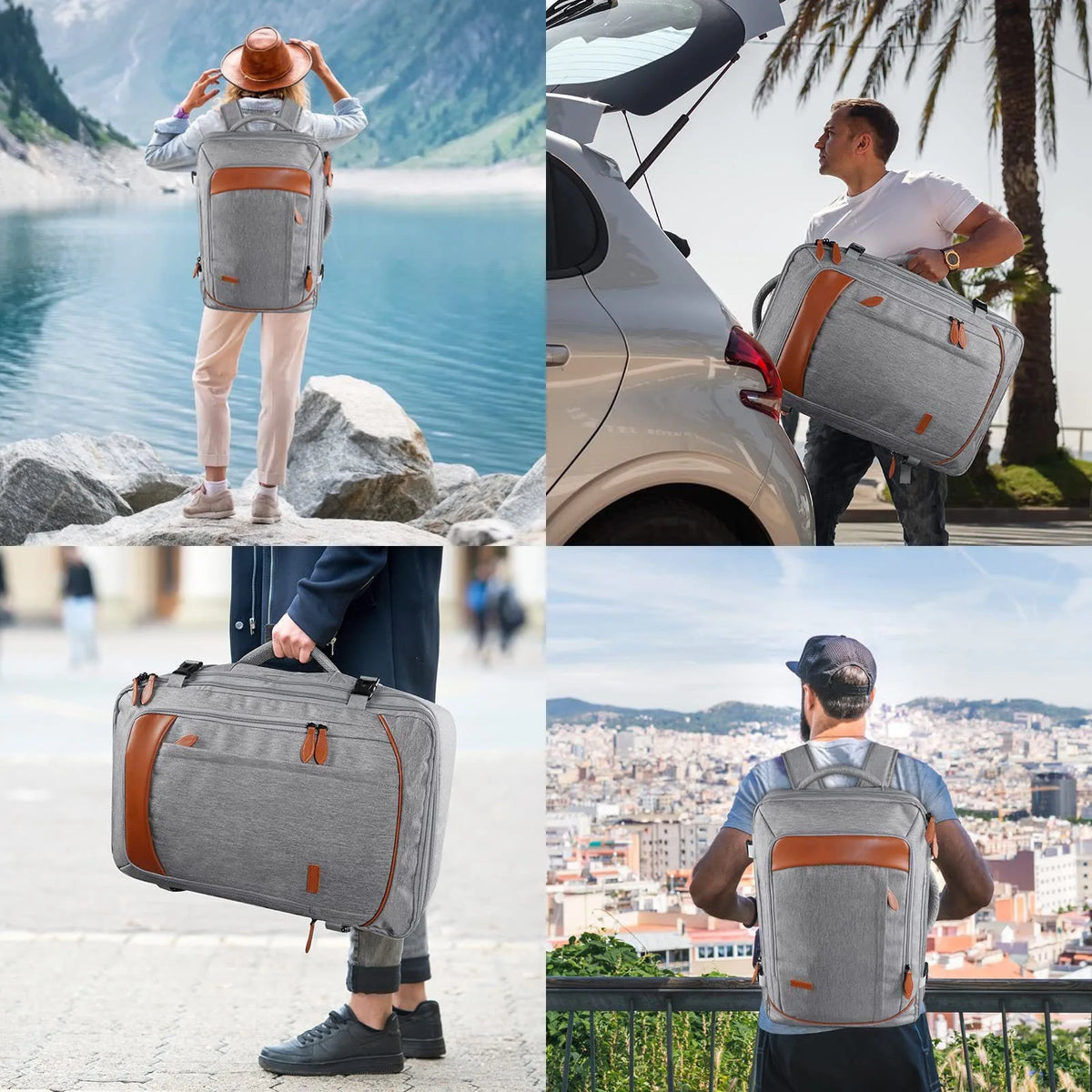 A gray expandable travel backpack with packing cubes is shown in various outdoor and urban settings.