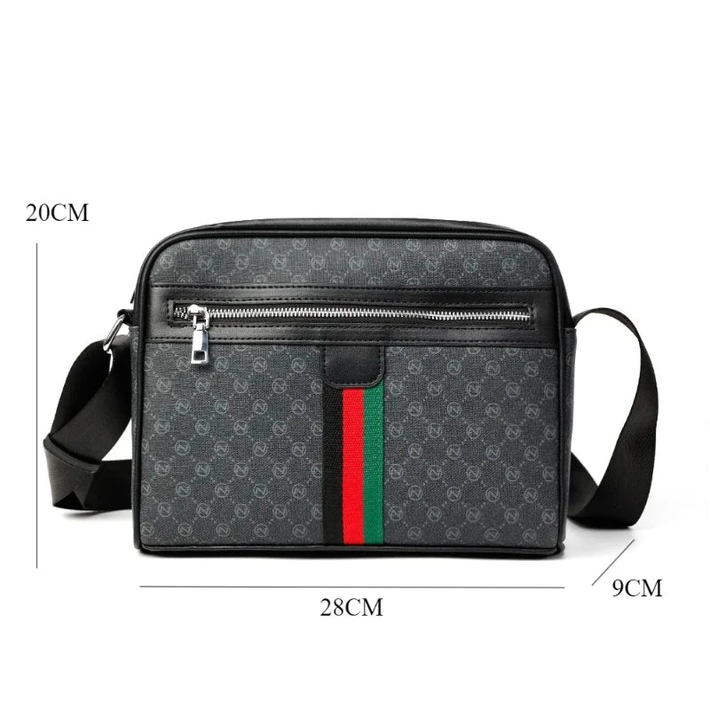 Black men's letter print crossbody sling bag with a silver zipper and black strap.