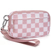 A pink and white checkered multi-card wallet with a clear ID window and a pink strap.