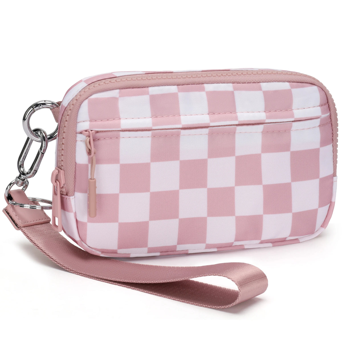 A pink and white checkered multi-card wallet with a clear ID window and a pink strap.
