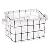 A white and black checkered storage basket made of cotton linen for desk organization.
