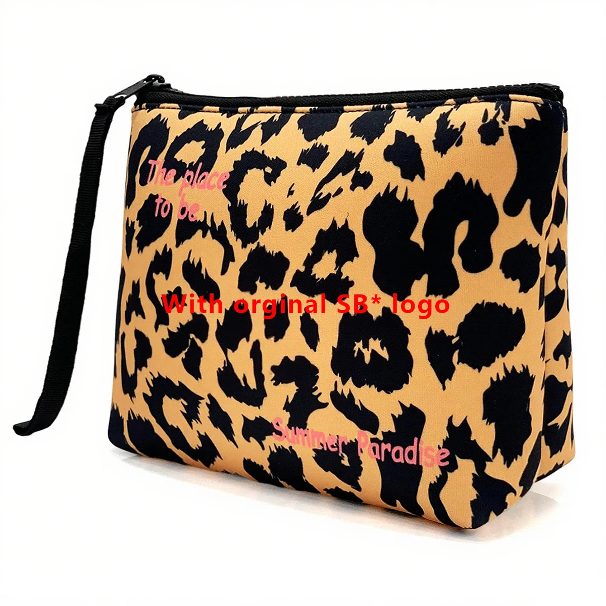 Bolsa cosmética negra de neopreno con estampado de leopardo y correa negra.