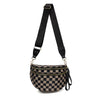 A black nylon crossbody bag with a checkered pattern and gold hardware.
