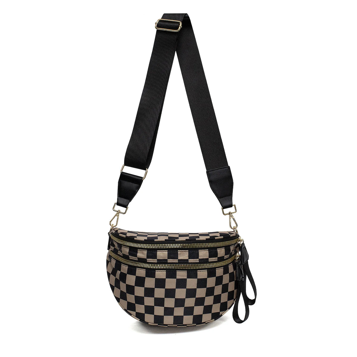 A black nylon crossbody bag with a checkered pattern and gold hardware.