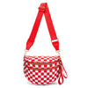 Rote karierte Crossbodytasche mit rotem Riemen und goldenen Beschlägen.