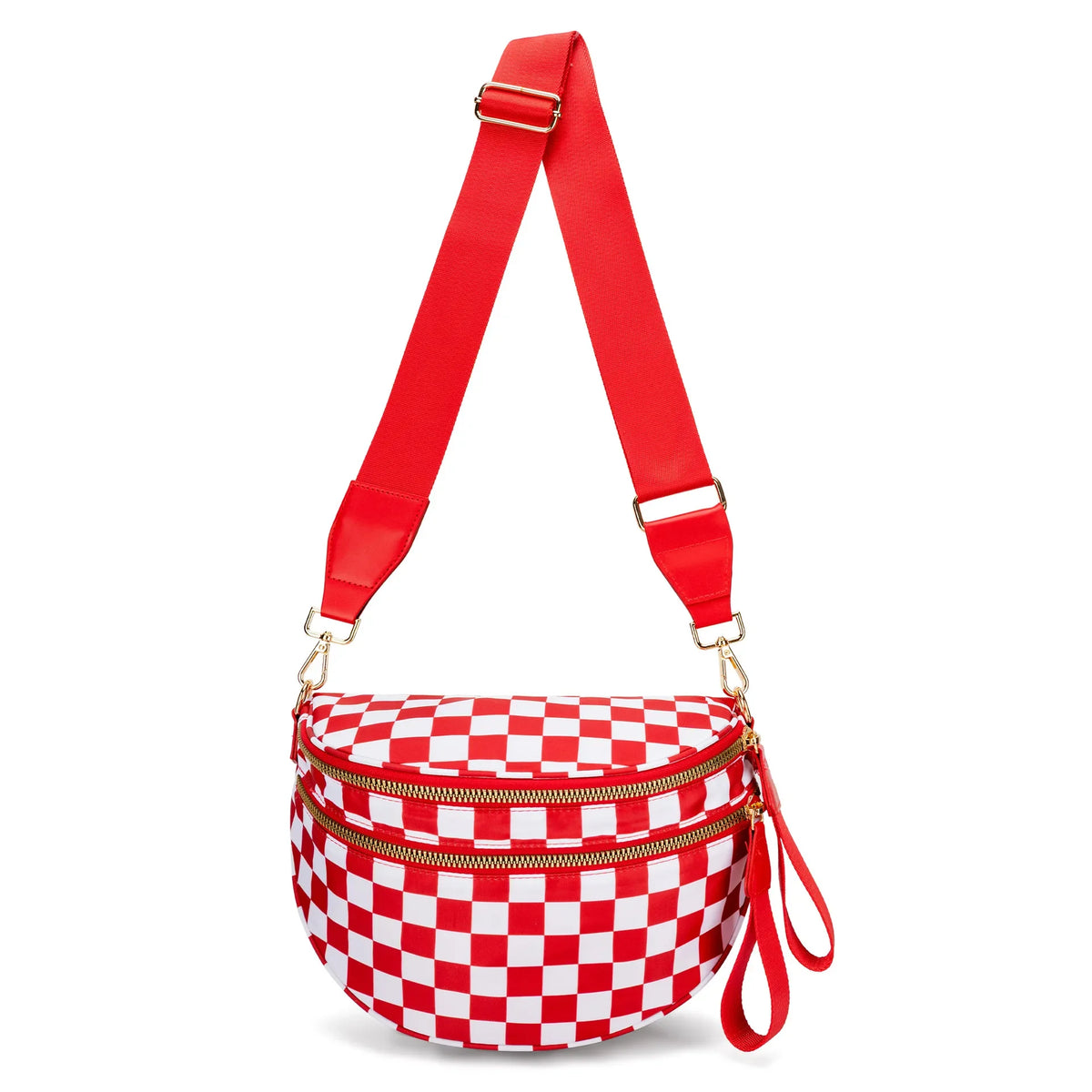 Rote karierte Crossbodytasche mit rotem Riemen und goldenen Beschlägen.