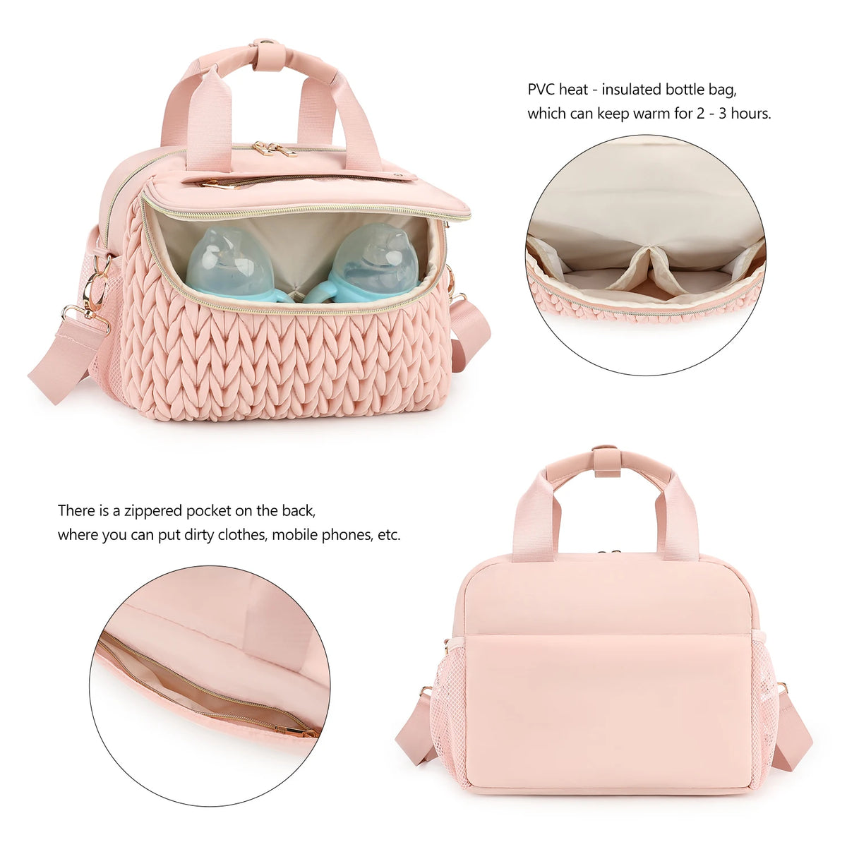 A pink quilted mommy bag with a strap, showing the interior and exterior details.