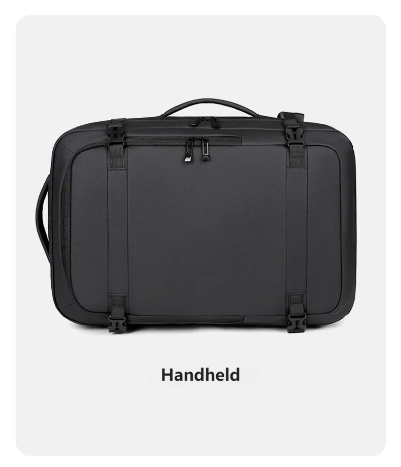 Black expandable travel backpack designed for carrying a laptop and gear.