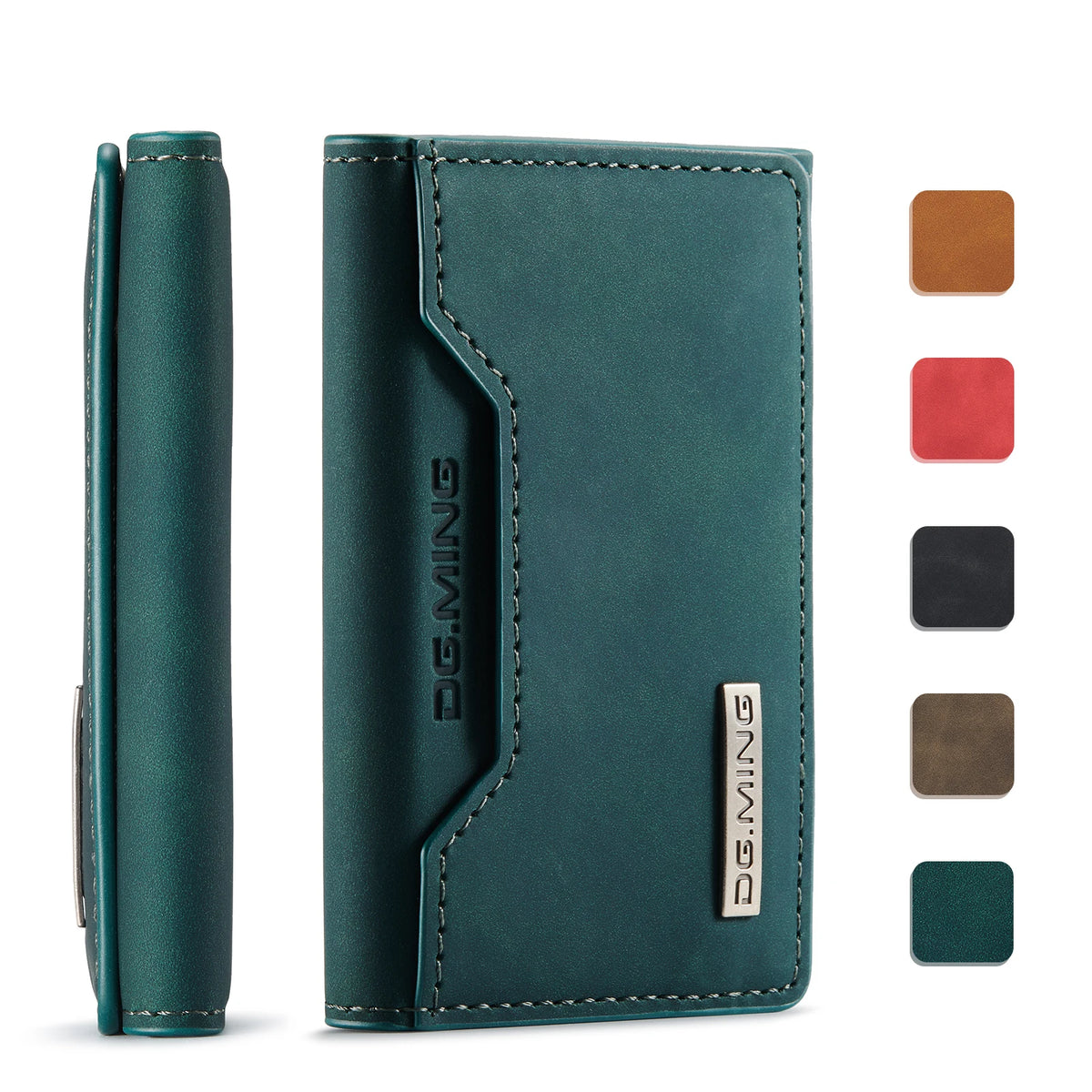 A dark teal trifold magnetic card holder wallet shown with various color options.