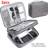 A gray portable digital organizer storage pouch with a zippered compartment and an open section displaying various electronic
