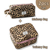 A set of two leopard print makeup bags, including a makeup bag and a toiletry bag.
