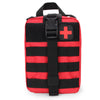A red and black striped tactical first aid kit bag with a prominent red cross symbol.