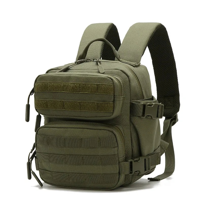 Olive green tactical backpack with MOLLE webbing for hiking and everyday carry