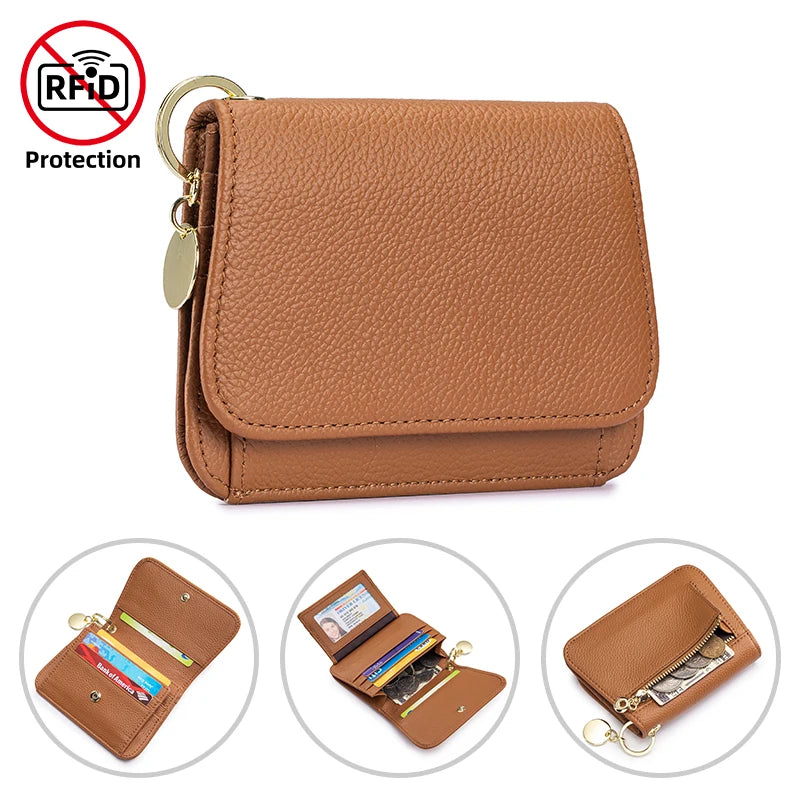 A brown genuine leather slim trifold wallet with a zipper pouch and a protective RFID blocking feature.
