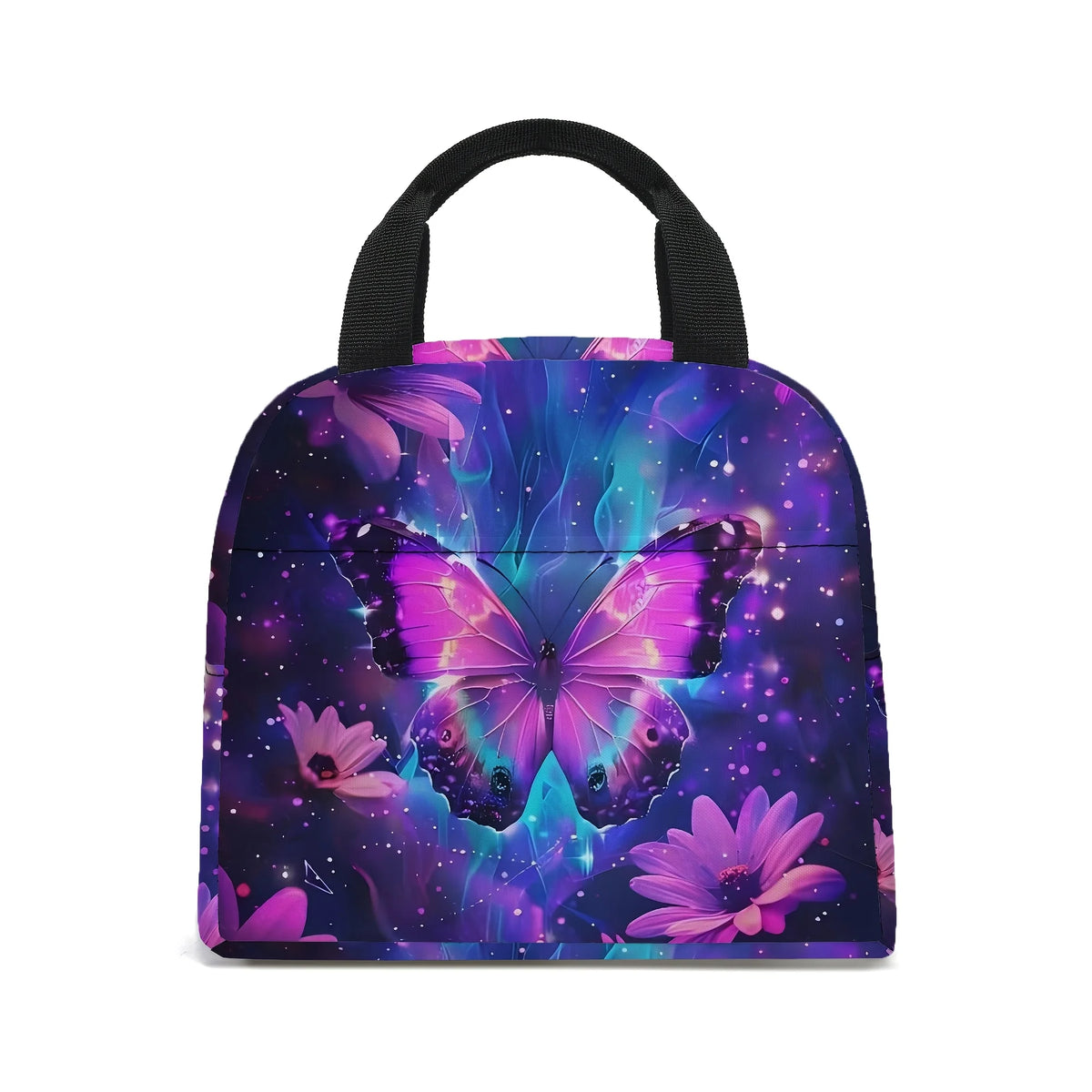 A purple and blue butterfly print insulated lunch tote bag with black handles.