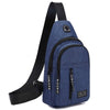 A dark blue men's versatile crossbody sling chest bag with a black strap and zippered compartments.