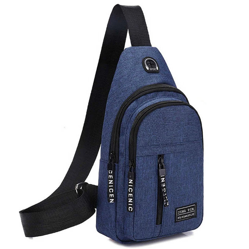 A dark blue men's versatile crossbody sling chest bag with a black strap and zippered compartments.