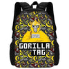 Sac à dos noir avec un motif répétitif de gorilles de dessins animés et le texte Gorilla Tag