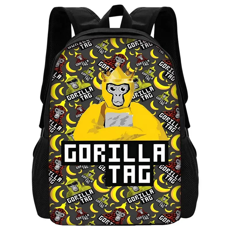 Sac à dos noir avec un motif répétitif de gorilles de dessins animés et le texte Gorilla Tag