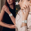 Close-up shots of women wearing or holding glitter diamond rhinestone bumper cases on Apple Watches.