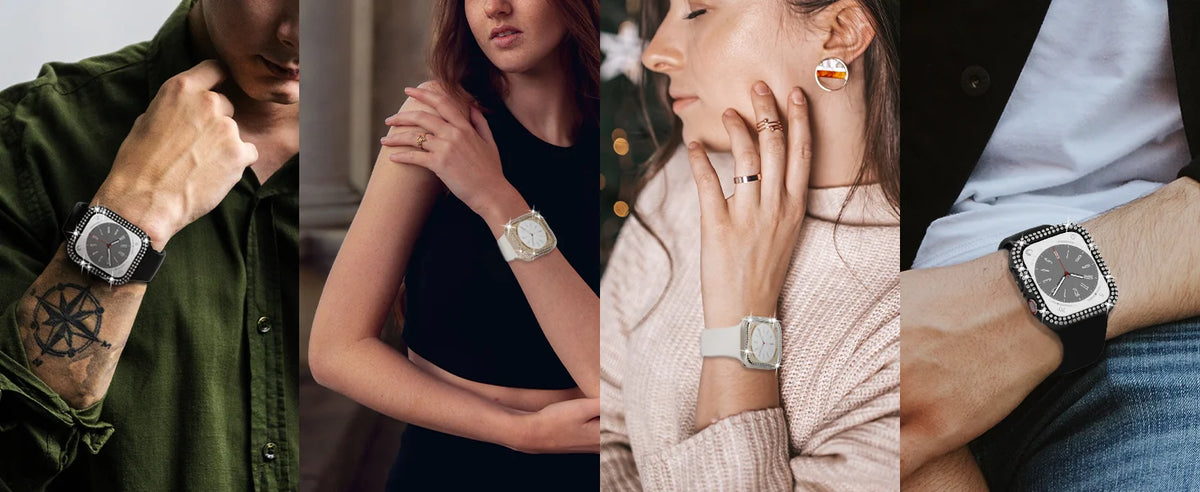 Close-up shots of women wearing or holding glitter diamond rhinestone bumper cases on Apple Watches.