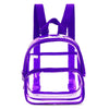 A transparent purple PVC daypack with black straps and a clear plastic compartment.