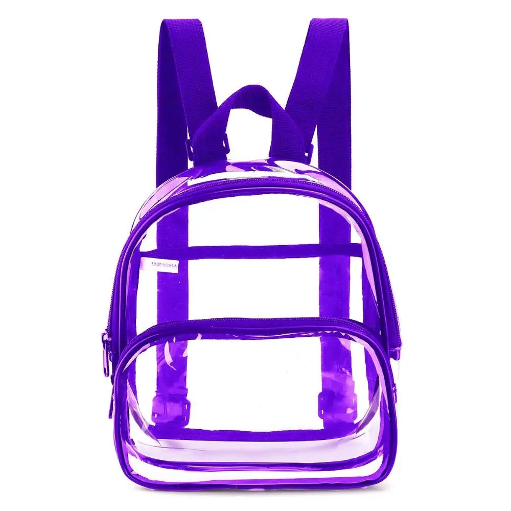 A transparent purple PVC daypack with black straps and a clear front pocket.